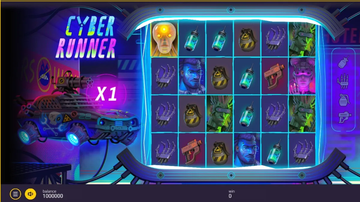 Cyber Runner سلاٹ گیم کا نیون سے مزین سائبرپنک ماحول