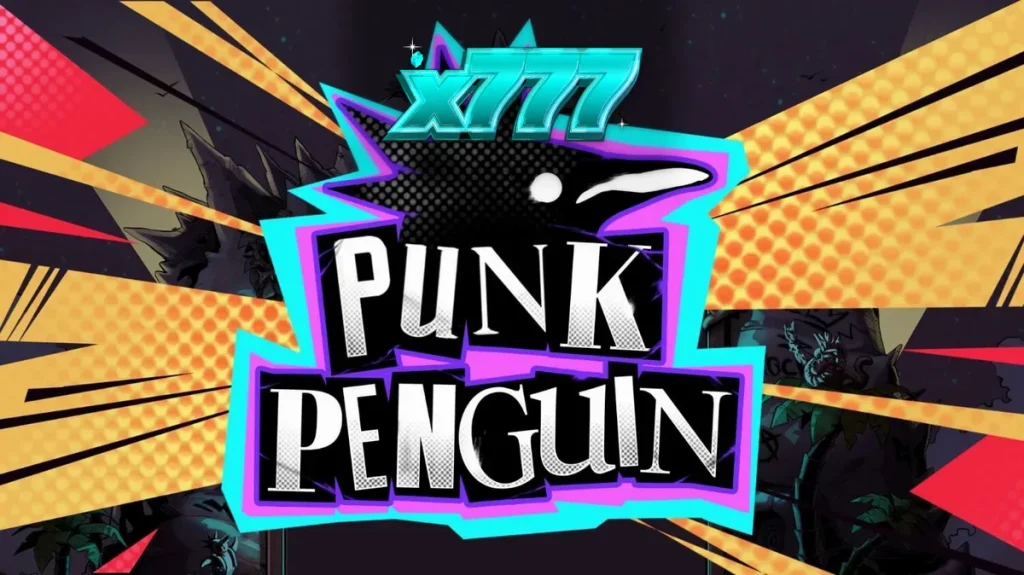 Punk Penguin سلاٹ گیم کا ایک منظر جس میں پنک راک تھیم والے پینگوئن اور گرنجی اسٹیج دکھایا گیا ہے۔