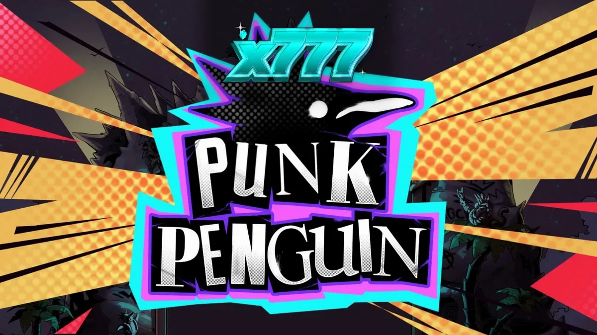 Punk Penguin سلاٹ گیم کا ایک منظر جس میں پنک راک تھیم والے پینگوئن اور گرنجی اسٹیج دکھایا گیا ہے۔